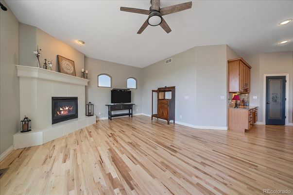 Fireplace, Interior, Recessed Lighting, Wood Texture Flooring