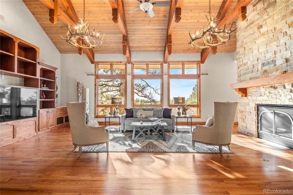 Chandelier, Fireplace, Interior, Living room, Stone Walls, Wooden Beams, Wooden Ceilings, Wood Texture Flooring