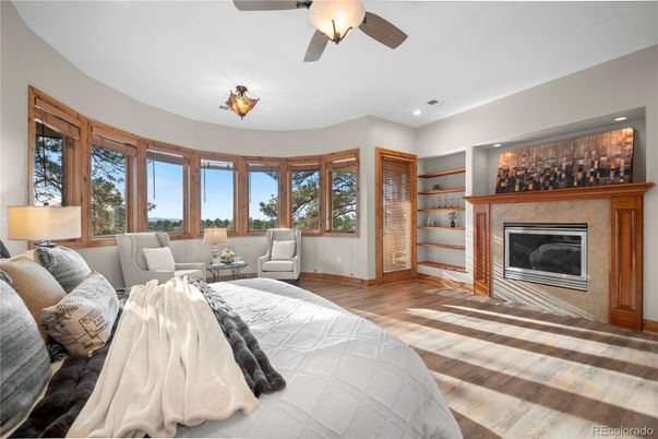 Bedroom, Fireplace, Interior, Recessed Lighting, Wood Texture Flooring