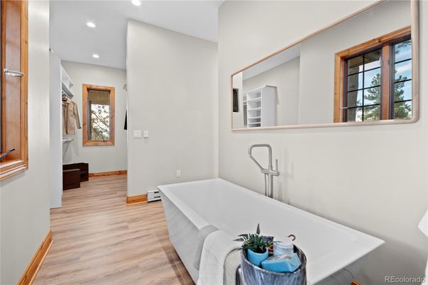 Bathroom, Free Standing Baths, Interior, Recessed Lighting, Wood Texture Flooring