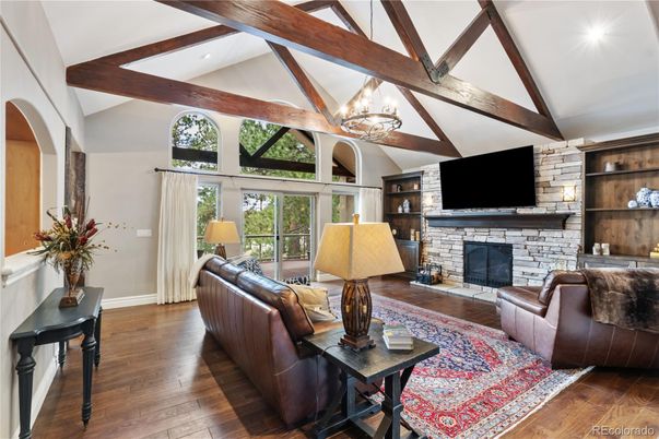 Fireplace, Interior, Living room, Stone Walls, Wooden Beams, Wood Texture Flooring