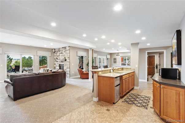 Fireplace, Interior, Kitchen, Living room, Pendant Lights, Recessed Lighting, Stone Walls