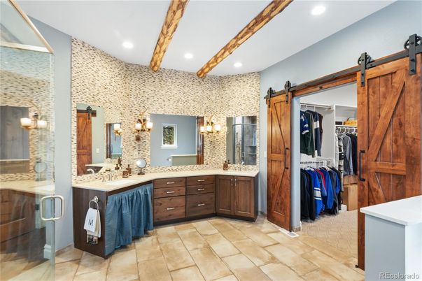 Bathroom, Dual Sink Vanities, Glass Shower, Interior, Recessed Lighting, Wooden Beams