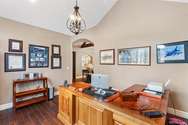 Chandelier, Home Office, Interior, Pendant Lights, Recessed Lighting, Wood Texture Flooring
