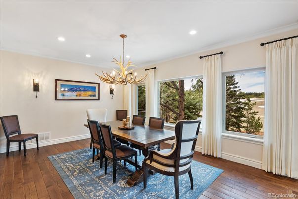 Chandelier, Dining room, Interior, Recessed Lighting, Wood Texture Flooring