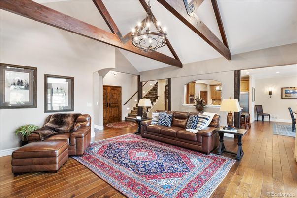 Chandelier, Interior, Living room, Wooden Beams, Wood Texture Flooring