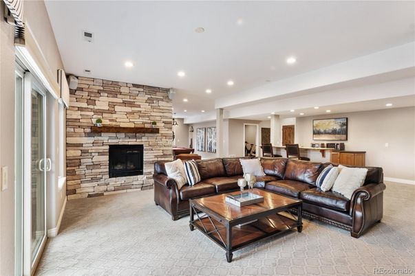 Fireplace, Interior, Living room, Recessed Lighting, Stone Walls