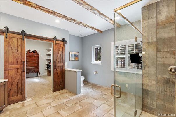 Bathroom, Glass Shower, Interior, Recessed Lighting, Wooden Beams