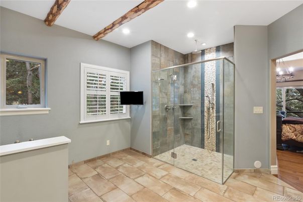 Bathroom, Glass Shower, Interior, Recessed Lighting, Wooden Beams