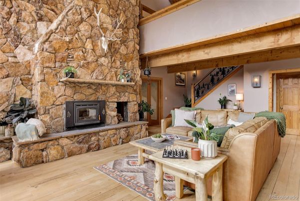 Fireplace, Interior, Living room, Stone Walls, Wooden Beams, Wood Texture Flooring