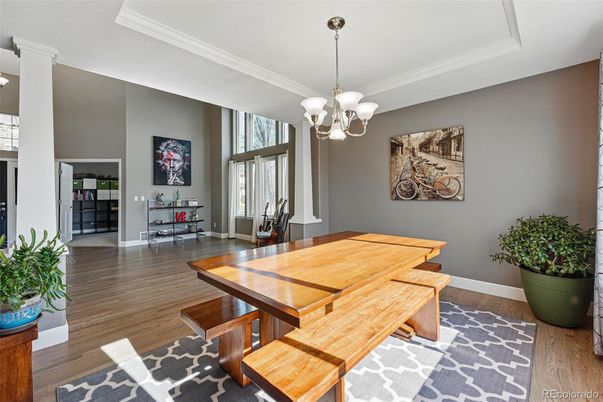 Chandelier, Dining room, Interior, Wood Texture Flooring