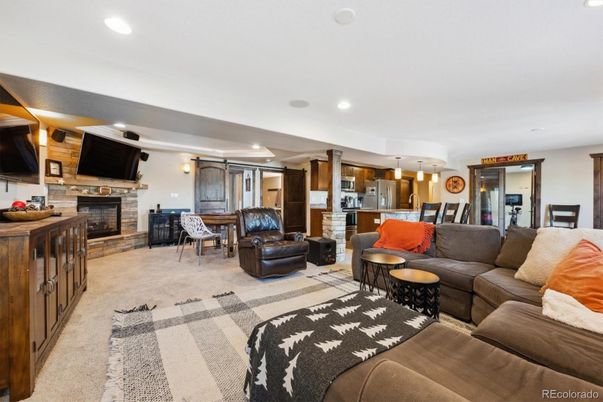 Dining room, Fireplace, Interior, Kitchen, Living room, Pendant Lights, Recessed Lighting, Stainless Steel Appliances
