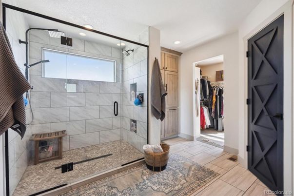 Bathroom, Glass Shower, Interior, Marble Walls, Recessed Lighting, Walk-in Closets