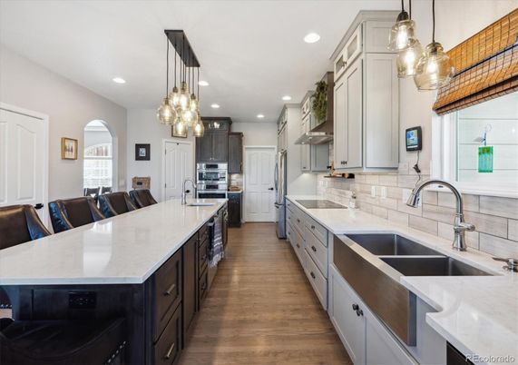 Interior, Kitchen, Pendant Lights, Recessed Lighting, Stainless Steel Appliances, Wood Texture Flooring
