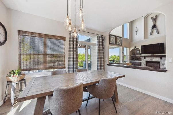 Dining room, Fireplace, Interior, Pendant Lights, Wood Texture Flooring