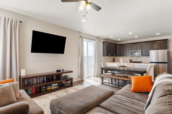 Dining room, Interior, Kitchen, Living room, Recessed Lighting, Stainless Steel Appliances, Wood Texture Flooring