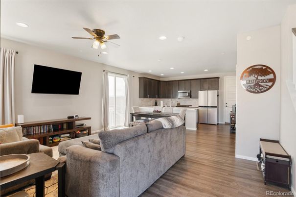 Interior, Kitchen, Living room, Recessed Lighting, Stainless Steel Appliances, Wood Texture Flooring