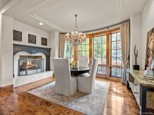 Chandelier, Dining room, Fireplace, Interior, Recessed Lighting, Wood Texture Flooring