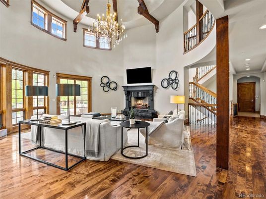 Chandelier, Fireplace, Interior, Living room, Recessed Lighting, Wooden Beams, Wood Texture Flooring