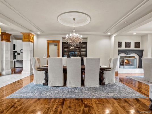 Chandelier, Dining room, Fireplace, Interior, Recessed Lighting, Wood Texture Flooring