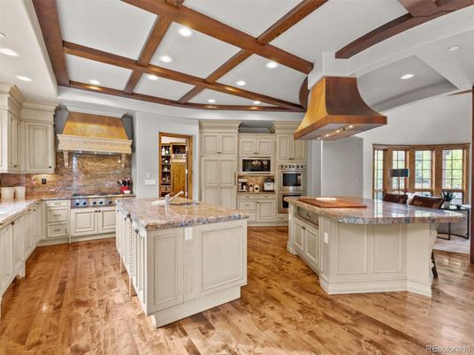 Interior, Kitchen, Recessed Lighting, Stainless Steel Appliances, Wooden Beams, Wood Texture Flooring