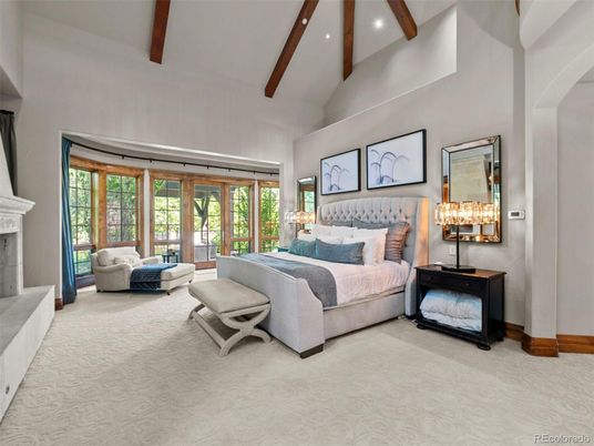 Bedroom, Fireplace, Interior, Recessed Lighting, Wooden Beams