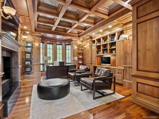 Fireplace, Interior, Living room, Recessed Lighting, Wooden Beams, Wooden Ceilings, Wood Texture Flooring, Wooden Walls