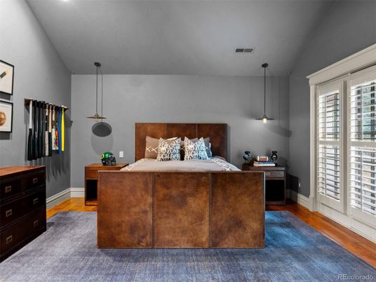 Bedroom, Interior, Pendant Lights, Wood Texture Flooring