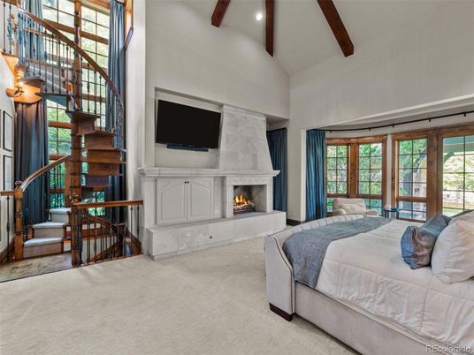 Bedroom, Fireplace, Interior, Recessed Lighting, Wooden Beams