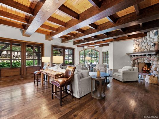 Dining room, Fireplace, Interior, Living room, Wooden Beams, Wooden Ceilings, Wood Texture Flooring