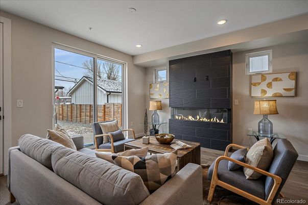 Fireplace, Interior, Living room, Recessed Lighting, Wood Texture Flooring