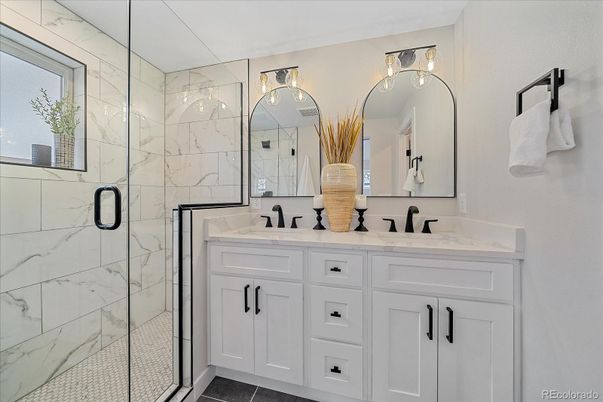 Bathroom, Dual Sink Vanities, Glass Shower, Interior, Marble Walls
