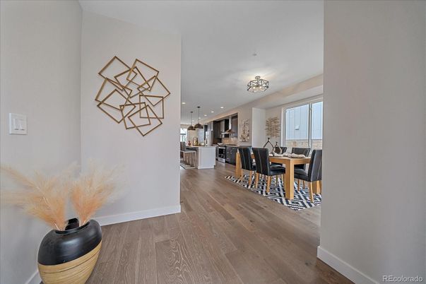 Dining room, Interior, Kitchen, Pendant Lights, Recessed Lighting, Wood Texture Flooring