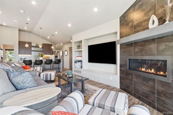 Fireplace, Interior, Living room, Pendant Lights, Recessed Lighting, Wood Texture Flooring