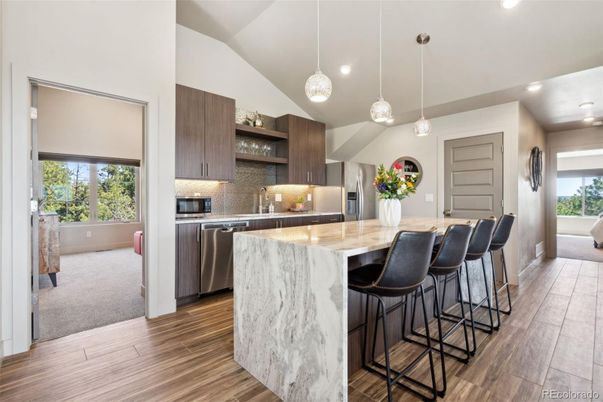 Interior, Kitchen, Pendant Lights, Recessed Lighting, Stainless Steel Appliances, Wood Texture Flooring