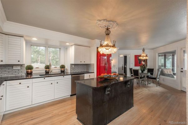 Chandelier, Dining room, Interior, Kitchen, Recessed Lighting, Wood Texture Flooring