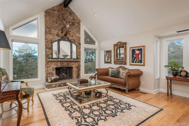 Fireplace, Interior, Living room, Piano, Stone Walls, Wood Texture Flooring