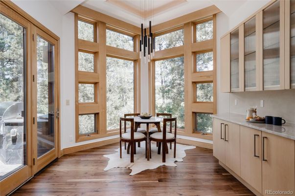 Dining room, Interior, Pendant Lights, Wood Texture Flooring