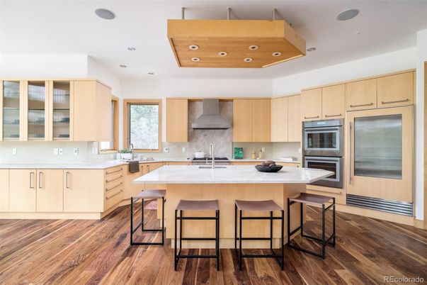 Interior, Kitchen, Recessed Lighting, Stainless Steel Appliances, Wooden Ceilings, Wood Texture Flooring