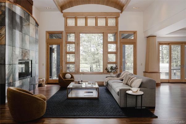 Fireplace, Interior, Living room, Recessed Lighting, Wooden Ceilings, Wood Texture Flooring