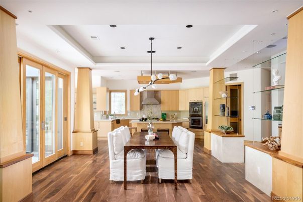 Dining room, Interior, Kitchen, Pendant Lights, Recessed Lighting, Stainless Steel Appliances, Wood Texture Flooring