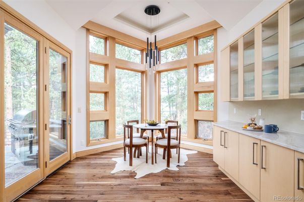 Dining room, Interior, Pendant Lights, Wood Texture Flooring
