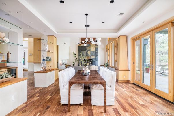 Dining room, Fireplace, Interior, Pendant Lights, Recessed Lighting, Wood Texture Flooring