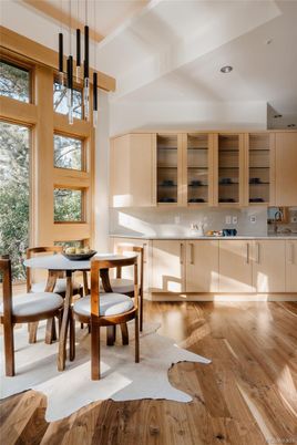 Dining room, Interior, Kitchen, Pendant Lights, Recessed Lighting, Wood Texture Flooring