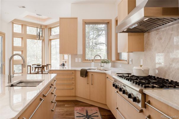 Interior, Kitchen, Pendant Lights, Stainless Steel Appliances, Wood Texture Flooring