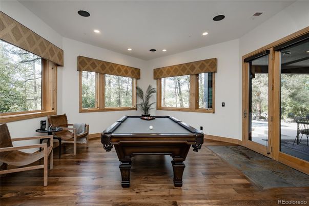 Billiard Table, Game Room, Interior, Recessed Lighting, Wood Texture Flooring