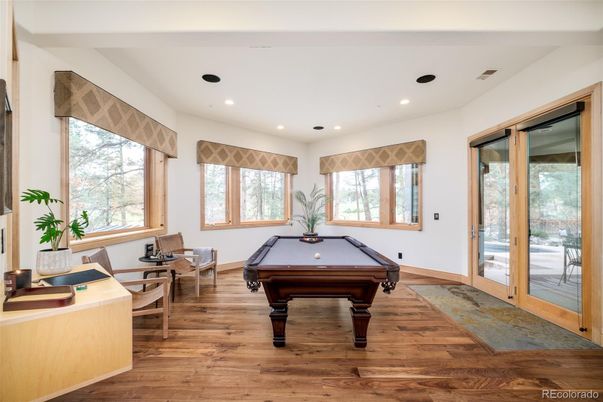 Billiard Table, Game Room, Interior, Recessed Lighting, Wood Texture Flooring