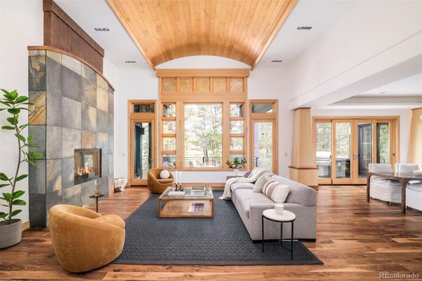 Dining room, Fireplace, Interior, Living room, Recessed Lighting, Wooden Ceilings, Wood Texture Flooring