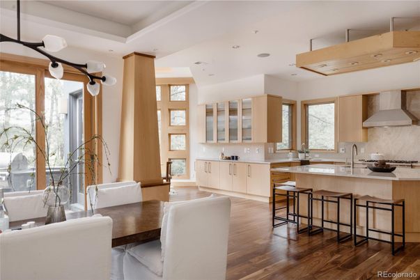 Dining room, Interior, Kitchen, Recessed Lighting, Wood Texture Flooring