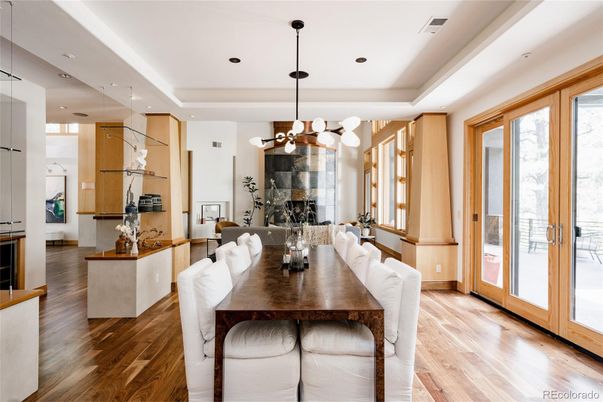 Dining room, Interior, Living room, Pendant Lights, Recessed Lighting, Wood Texture Flooring